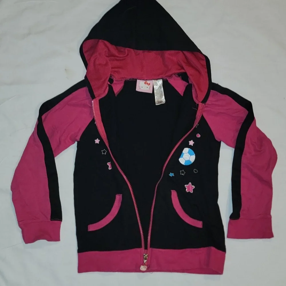 Hello Kitty Girls Hoodie Black/Pink Zip Up Jacket Size 7/8 Sanrio Lightweight